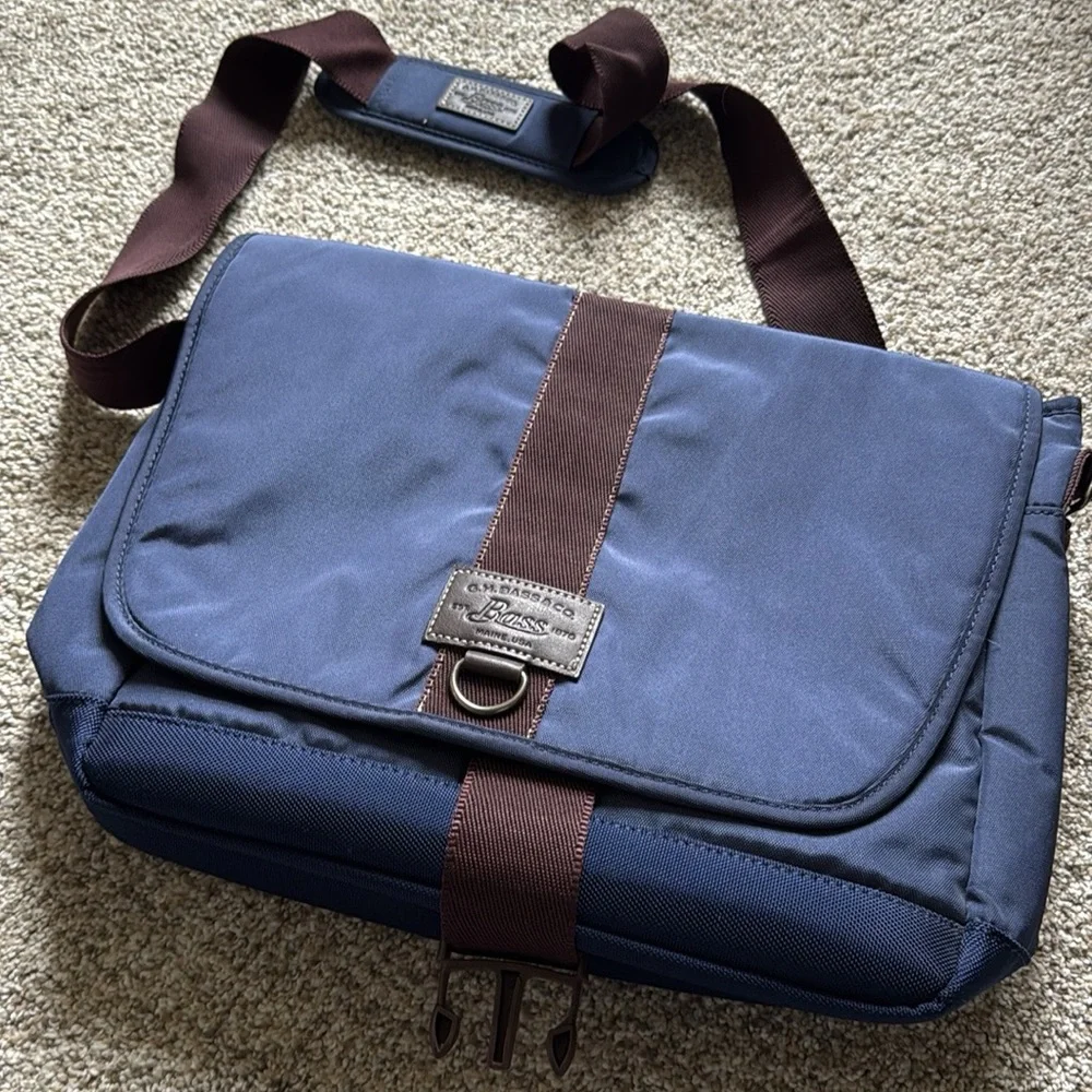 G.H. Bass & Co. Navy Laptop Messenger Bag with Brown Strap